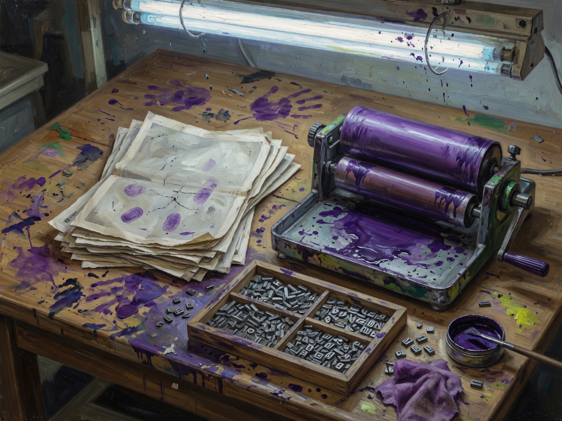 Banco da stampa con ciclostile, rullo inchiostrato di viola, risma di carta e caratteri di piombo. Nessuna persona.